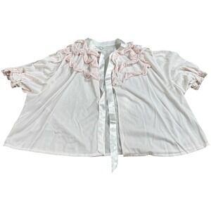 Penneys Adonna Bed Jacket Womens L Pink Excellent Vintage 60s Ruffle Nylon Tie